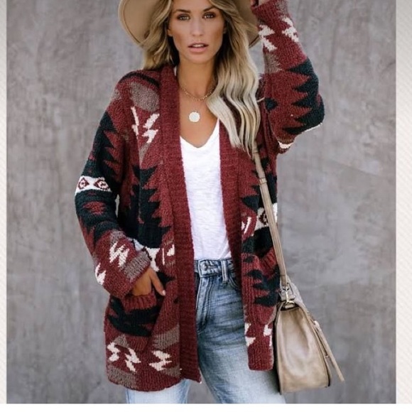 Oversized Last S SOFT New Cozy Aztec Southwest Bohemian Knitted Sweater Cardigan - Picture 10 of 17